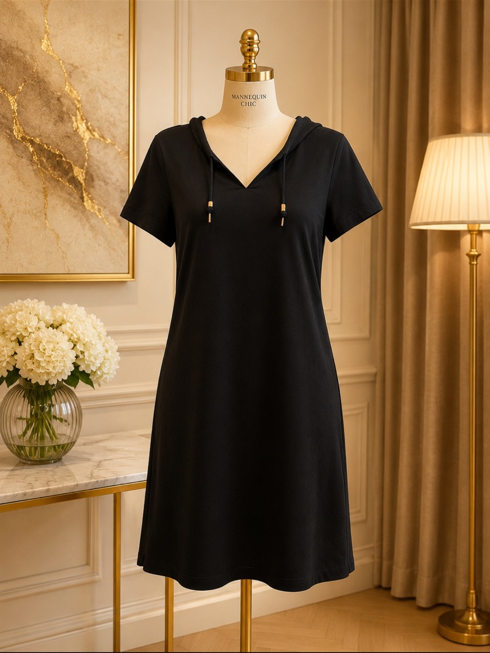 Calvin Klein Black Short Sleeve Dress with Gold Accent Drawstrings
